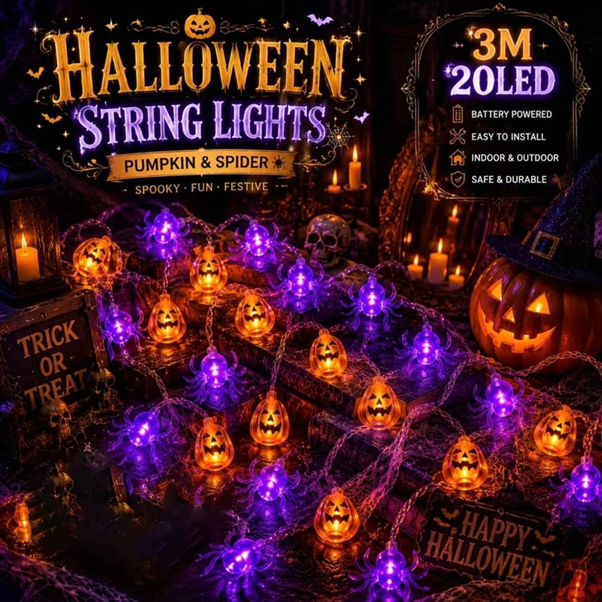 Outdoor Lighting For Front Of House - 1 Stück Halloween-Kürbis 10/20 LED-Lichterkette Jack-O'-Lantern