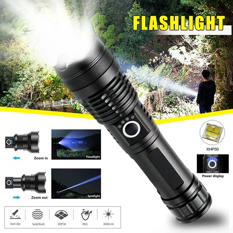 Outdoor Lighting Quality - Hochleistungs-XHP70-LED-Taschenlampe, wiederaufladbar, USB-C-Taschenlampe, zoombare Handlaterne, wasserdichte