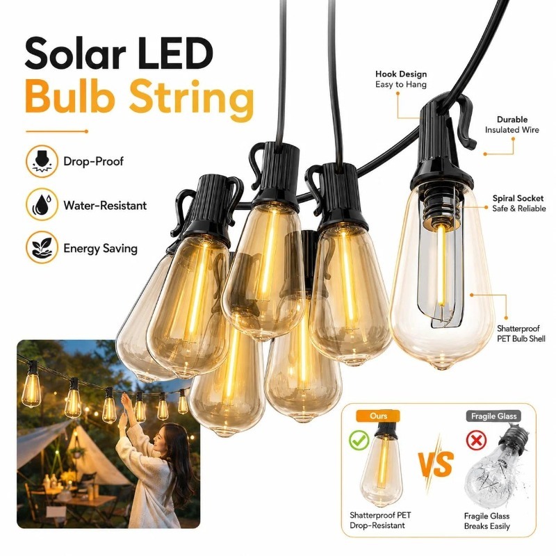 Solar Fairy String - Solarbetriebene LED-Papaya-Lichterkette für den Außenbereich, wasserdicht,